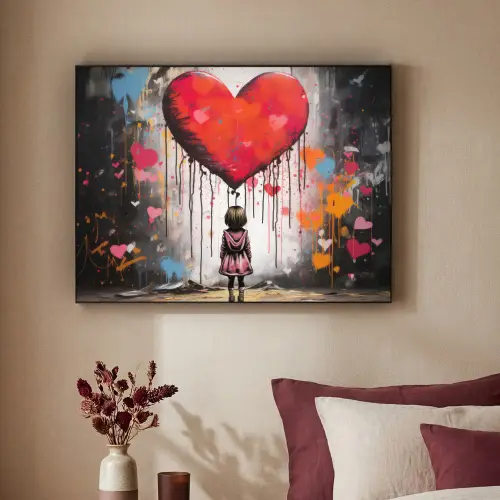 Meisje - Hart - Graffiti - Kunst - Kleuren - Rood Textielframe zwart klein -sfeer1