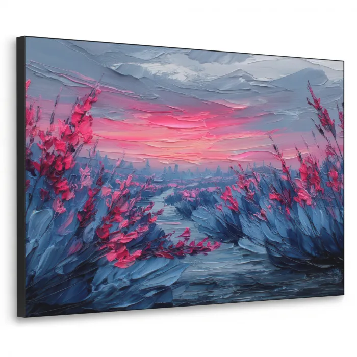 Schilderij - Zonsondergang - Bloemen - Rivier Textielframe - compleet frame klein -3d