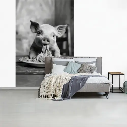 Varken - Schattig - Spaghetti - Zwart wit - Dier fotobehang vinyl groot -slaapkamer