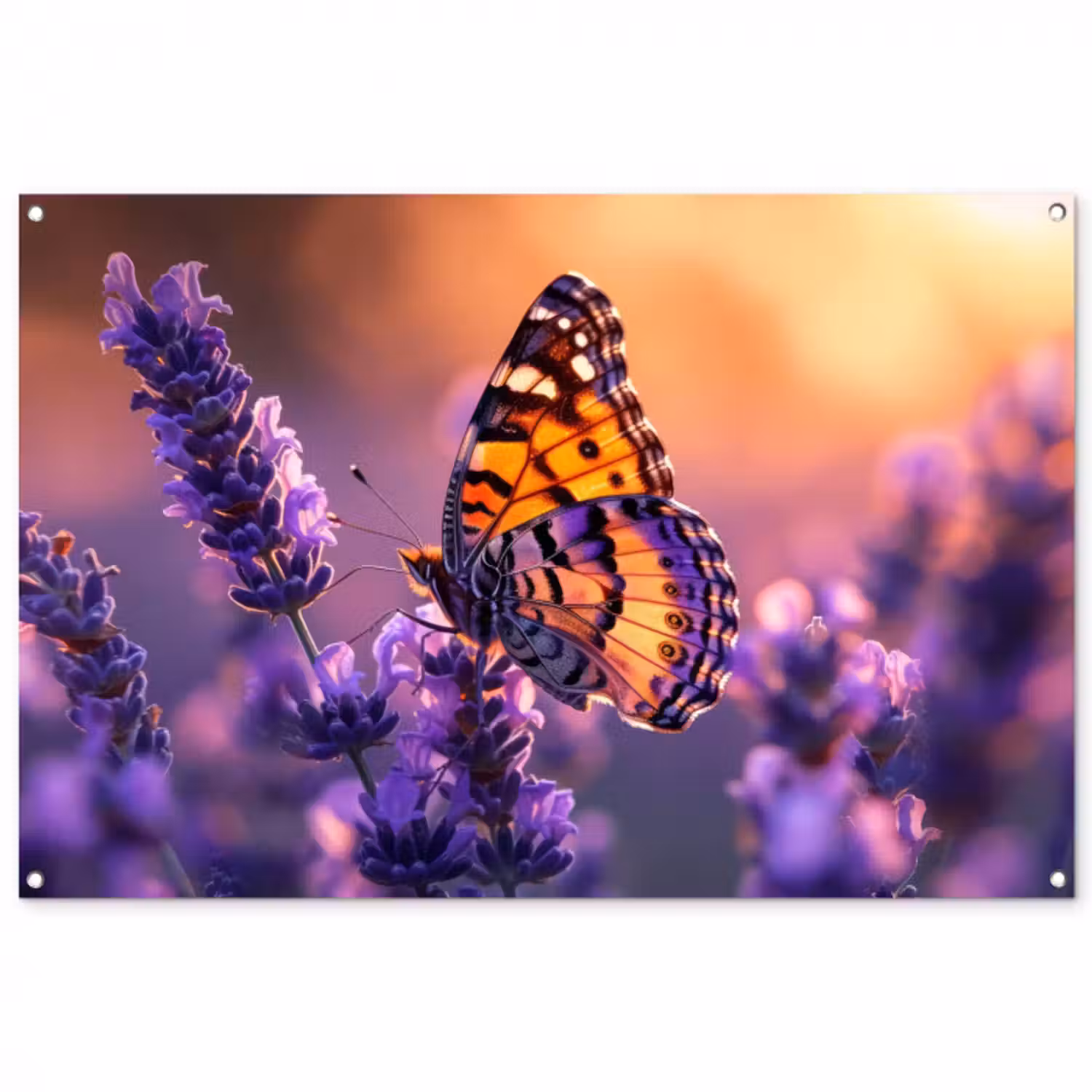 Tuinposter - Vlinder op lavendel bij zonsondergang