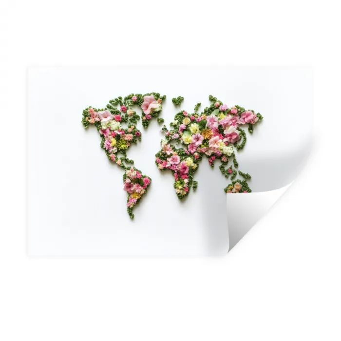 Wereldkaart - Kleurrijk - Bloemen - Lente Muursticker klein -3d