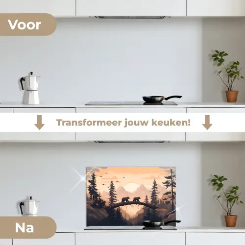 Beren - Bomen - Landschap - Zonsondergang keuken achterwand spatscherm klein -voor_na_NL