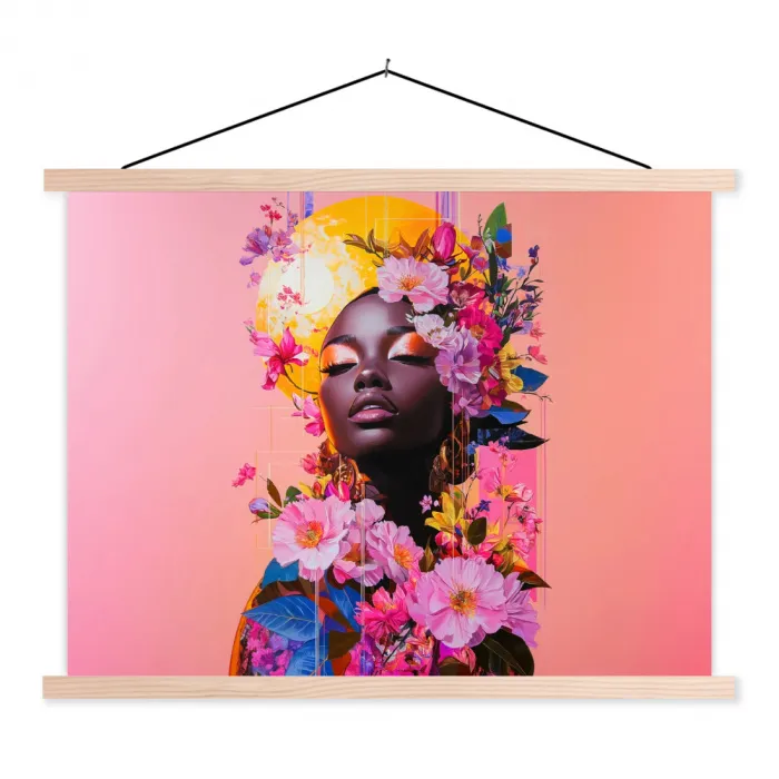 Kleurrijk - Bloemen - Vrouw - Zon textielposter latten blank klein -3d