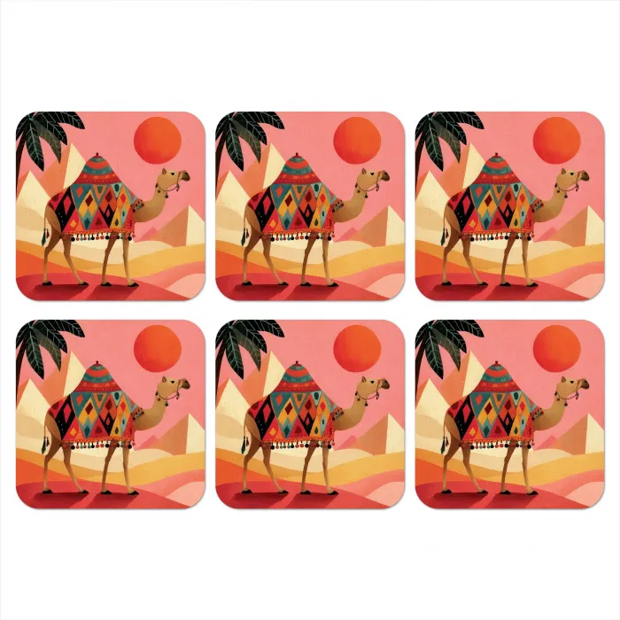 Kameel - Pyramides - Rode zon onderzetter kurk middel -3d