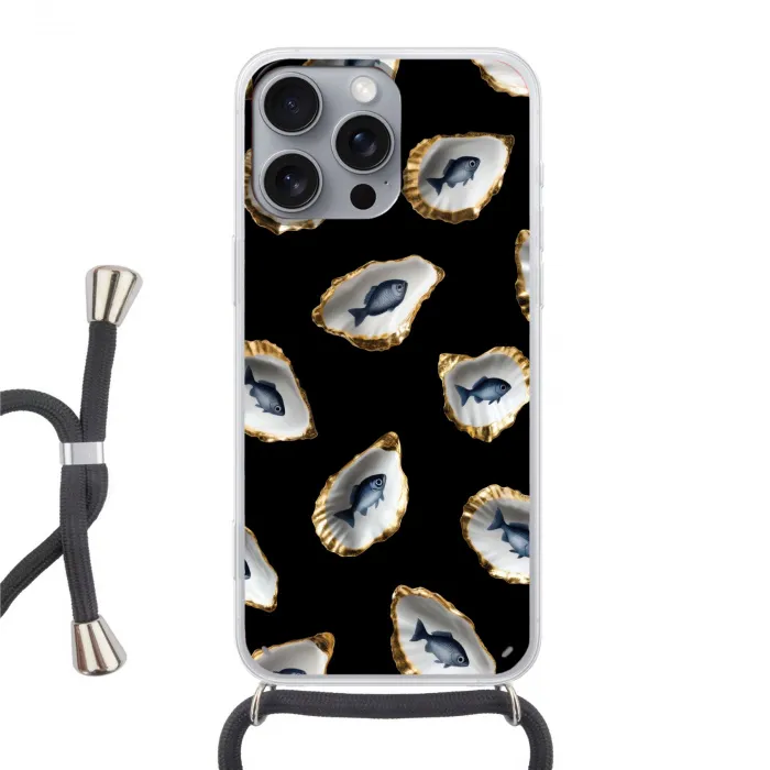 Oesters - Vissen - Blauw - Goud Hoesje iPhone 16 Pro Max met koord klein -3d