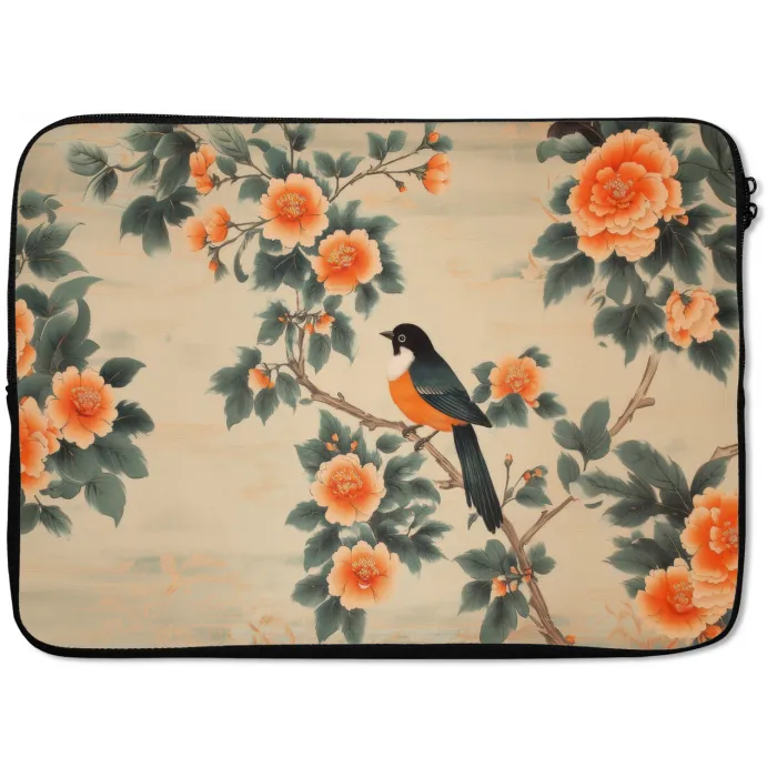 Vogel - Tak - Bloemen - Oranje laptophoes neopreen klein -zkaufland3dotto