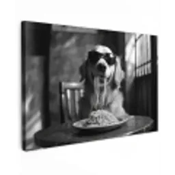 Golden Retriever - Hond - Vrolijk -  Bord spaghetti - Zwart - wit Tuinposter op houten frame 2 cm dik klein -3d