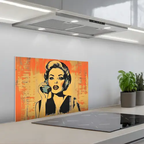 Retro - Vrouw - Koptelefoon - Oranje keuken achterwand spatscherm klein -3d_schuin
