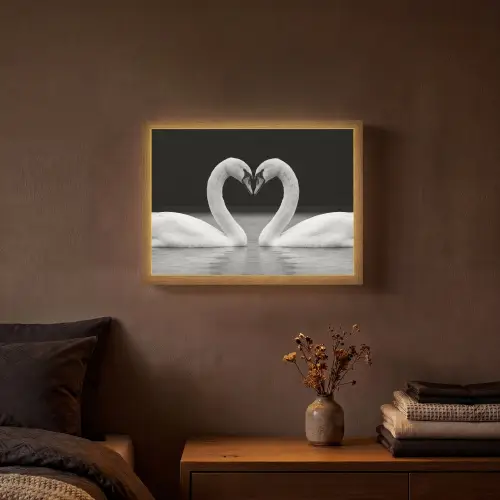 Zwanen - Hart - Zwart - Wit Light Box met batterij (Wandlamp) middel -sfeer4