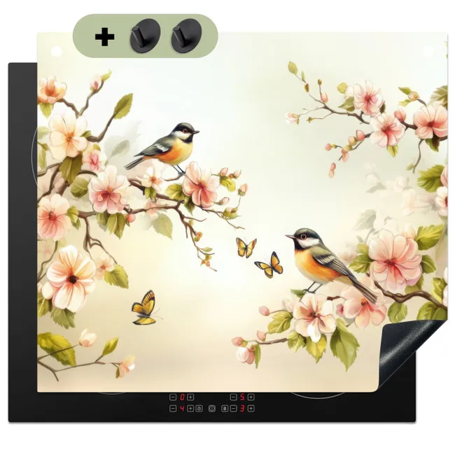 Induction Hob Cover & Splashback (2-in-1) - Branches - Flowers - Birds - Pink