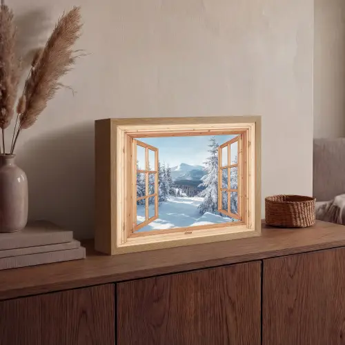 Doorkijk - Winterlandschap - Natuur - Berg - Bomen - Hout Light Box met batterij (Wandlamp) middel -sfeer2