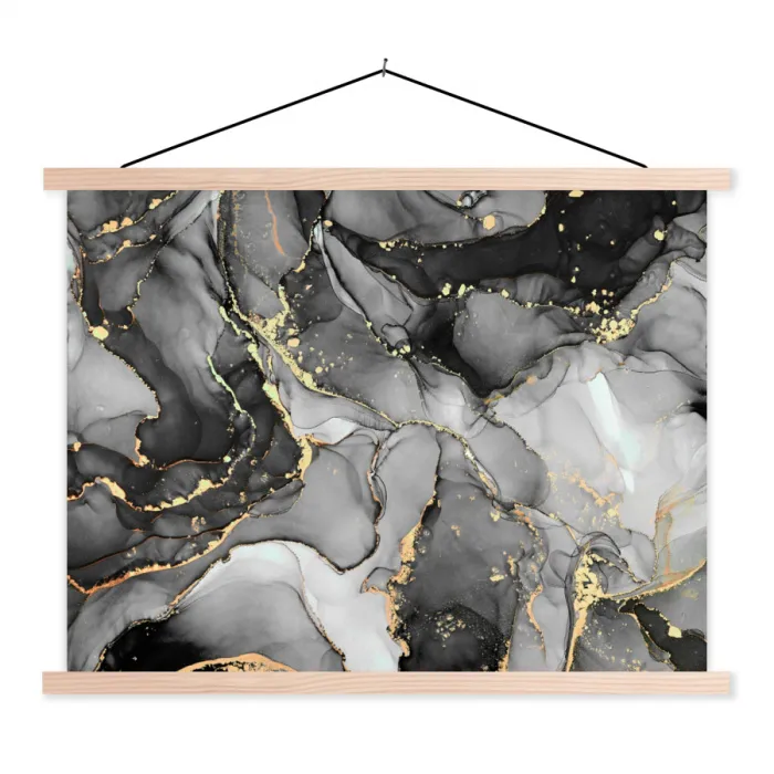 Marmer - Zwart - Goud - Grijs textielposter latten blank klein -3d