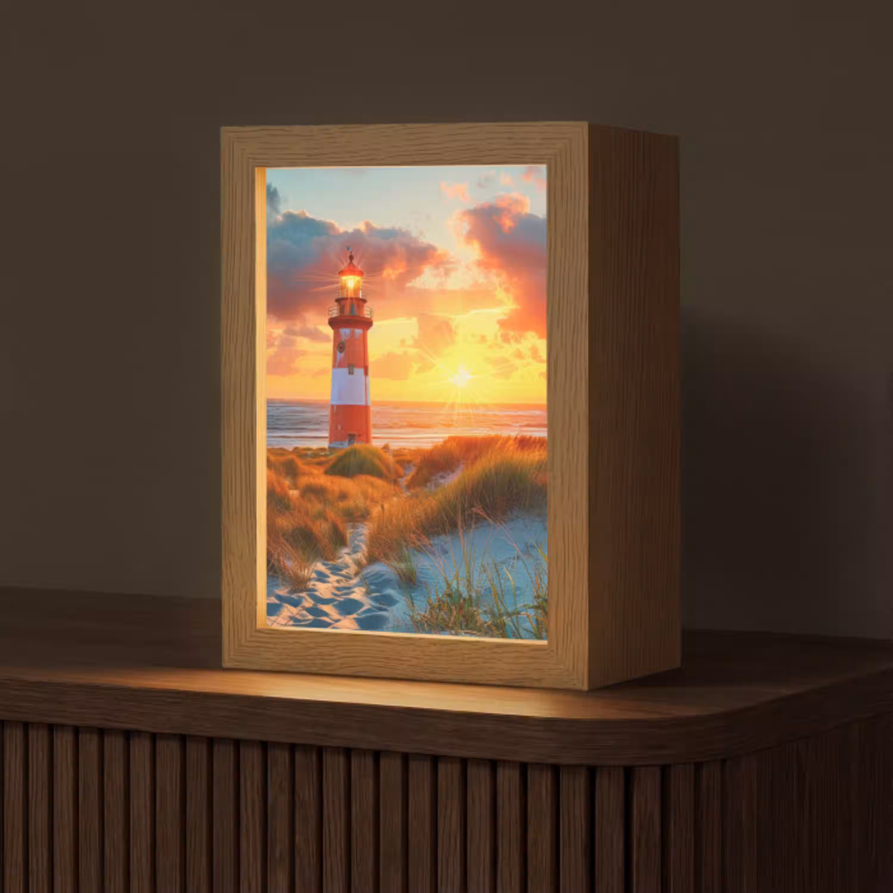 Vuurtoren - Zonsondergang - Duinen - Horizon Light Box met kabel (Tafellamp) klein -z3d_website