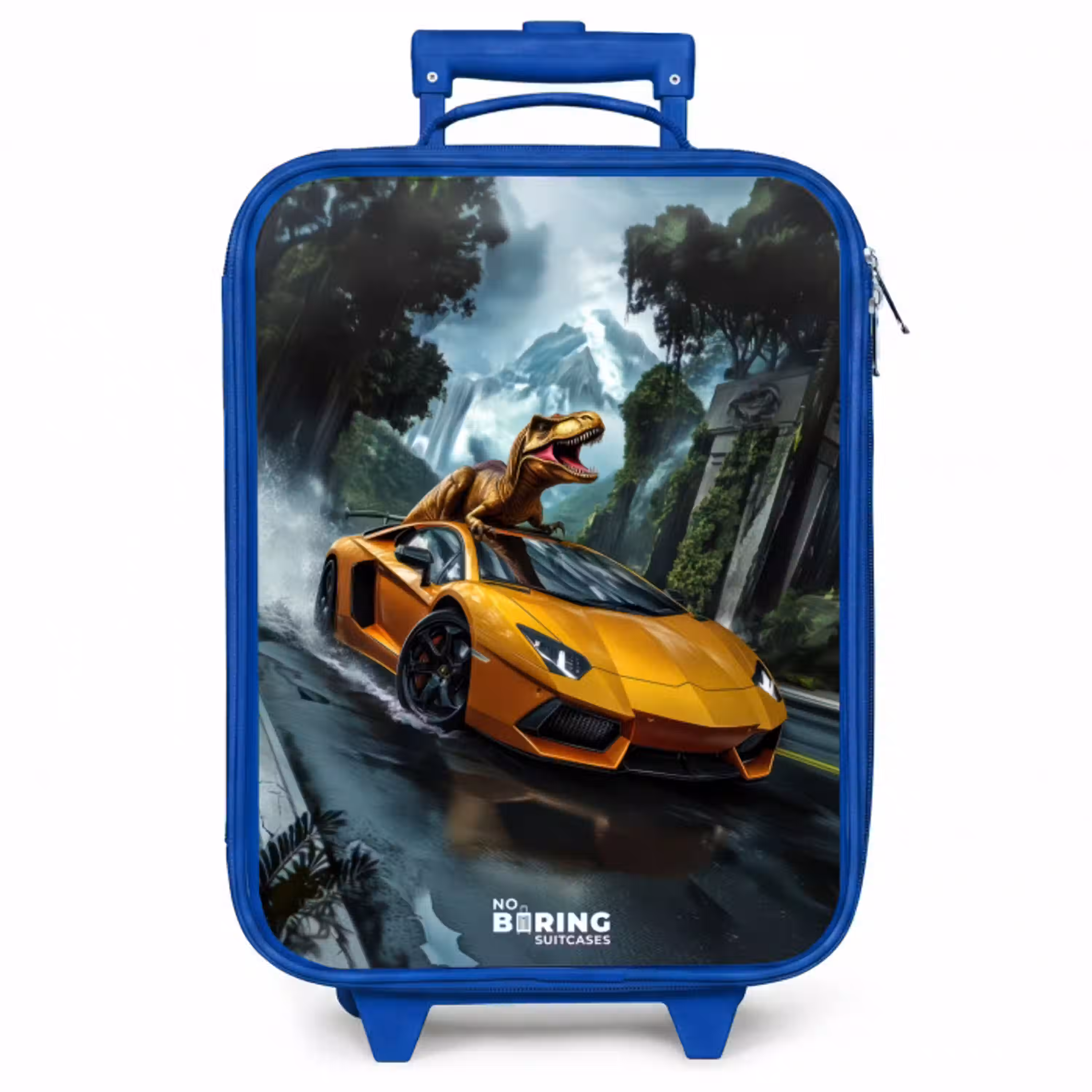 T-Rex op oranje sportauto in regenachtig woud Kinderkoffer - Blauw klein -zzz_website3d