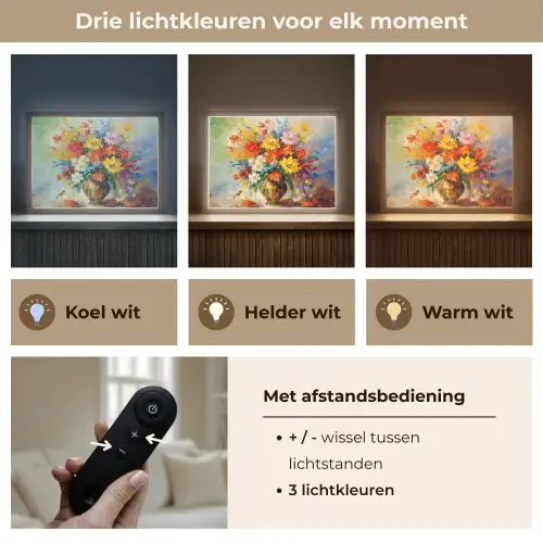 Bloemen - Kleurrijk - Olieverf - Bloempot Light Box met batterij (Wandlamp) middel -USP_lichtkleurNL