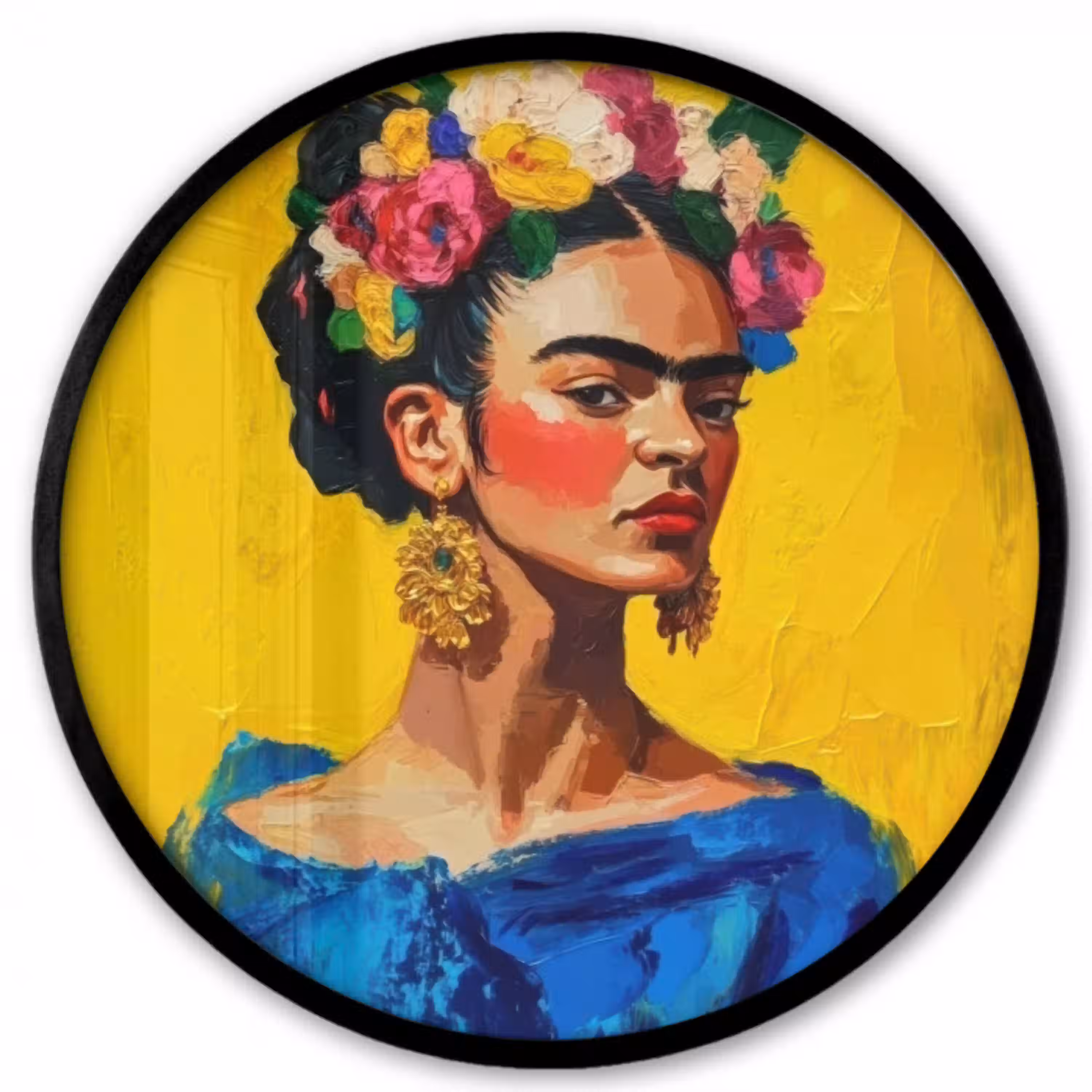 Frida Kahlo - Vrouw - Geel - Blauw - Bloemen Fotolijst rond zonder passe partout klein -3d