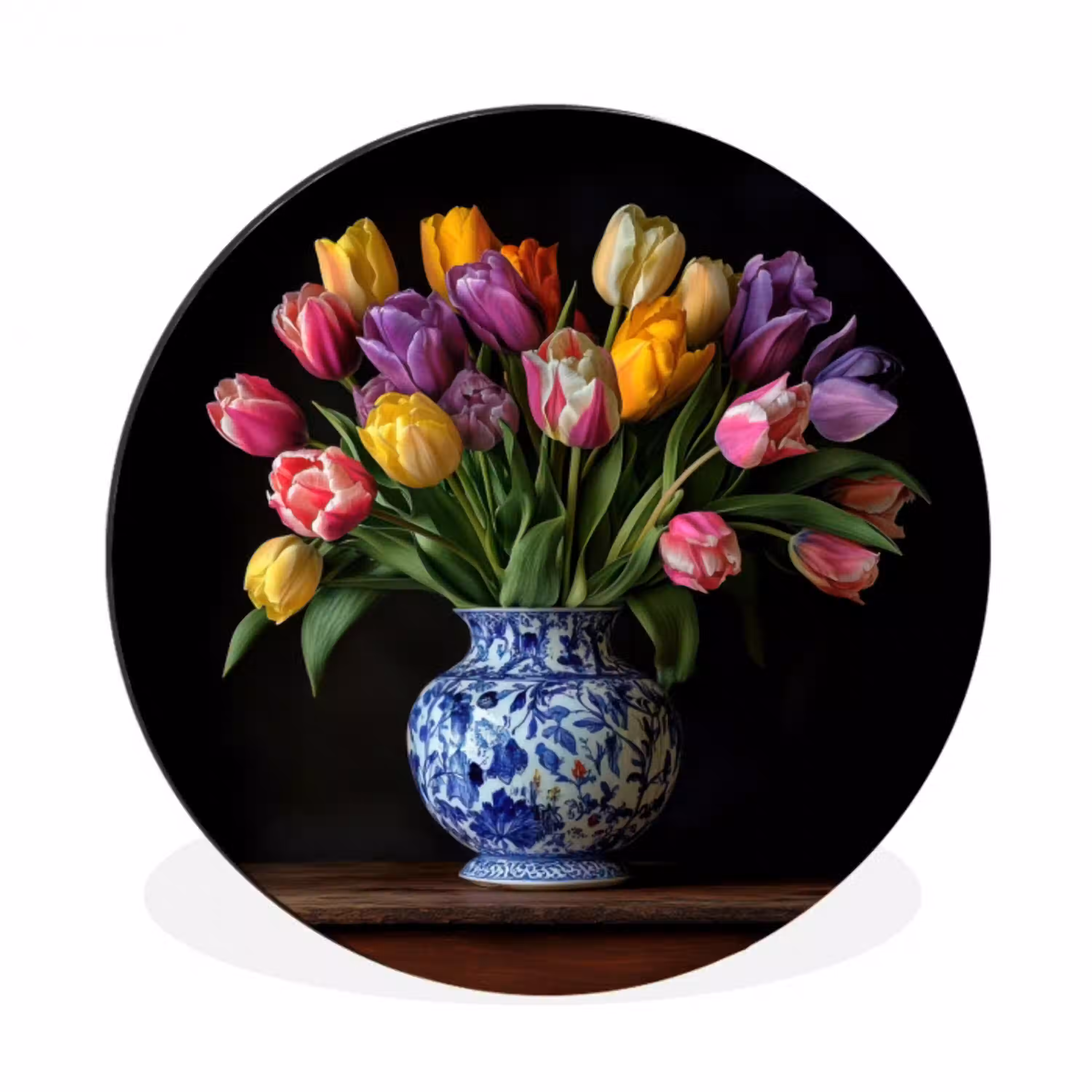 Tulpen - Kleuren - Hout - Vaas Wandcirkel aluminium klein -3d