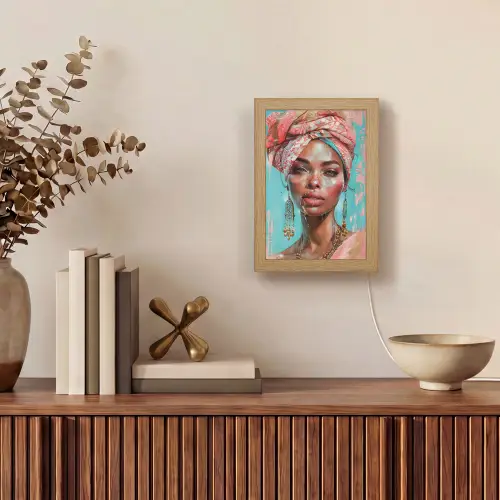 Vrouw - Portret - Blauw - Roze - Modern Light Box met kabel (Tafellamp) klein -sfeer2