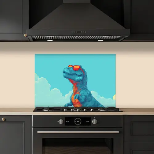 T-Rex - Blauw - Wolken - Zonnebril keuken achterwand spatscherm klein -sfeer1