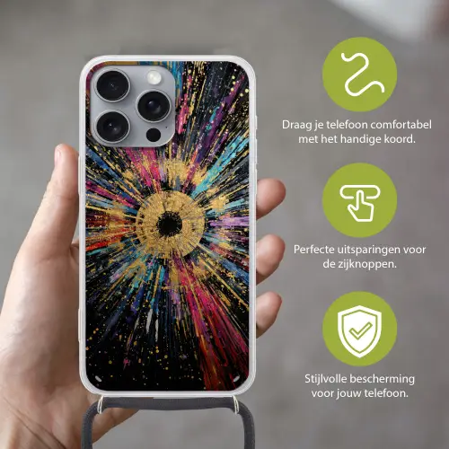 Explosie - Goud - Kleurrijk - Abstract Hoesje iPhone 16 Pro Max met koord klein -sfeer2_NL