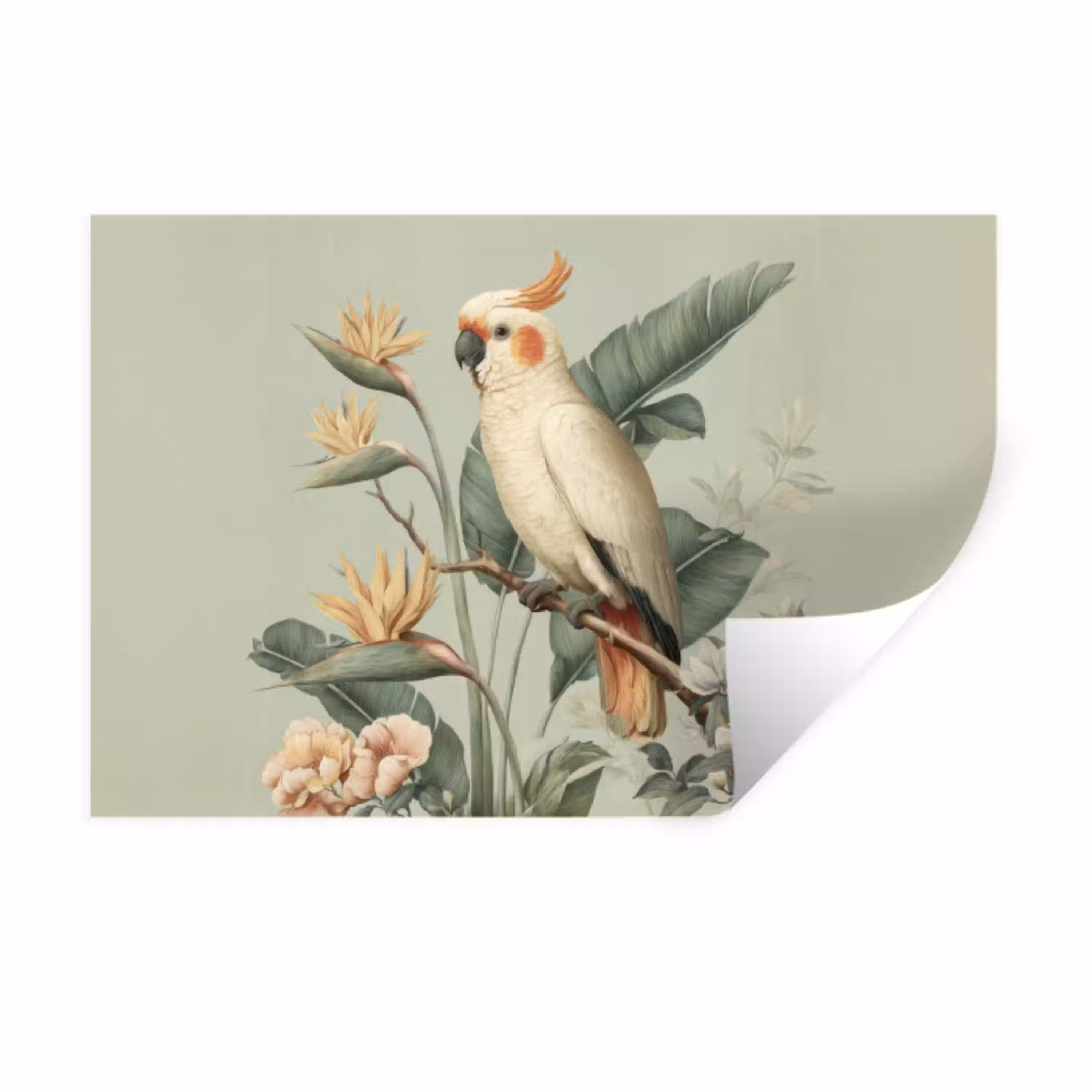 Gele kuifkaketoe - paradijsvogelbloemen - Groen Muursticker klein -3d