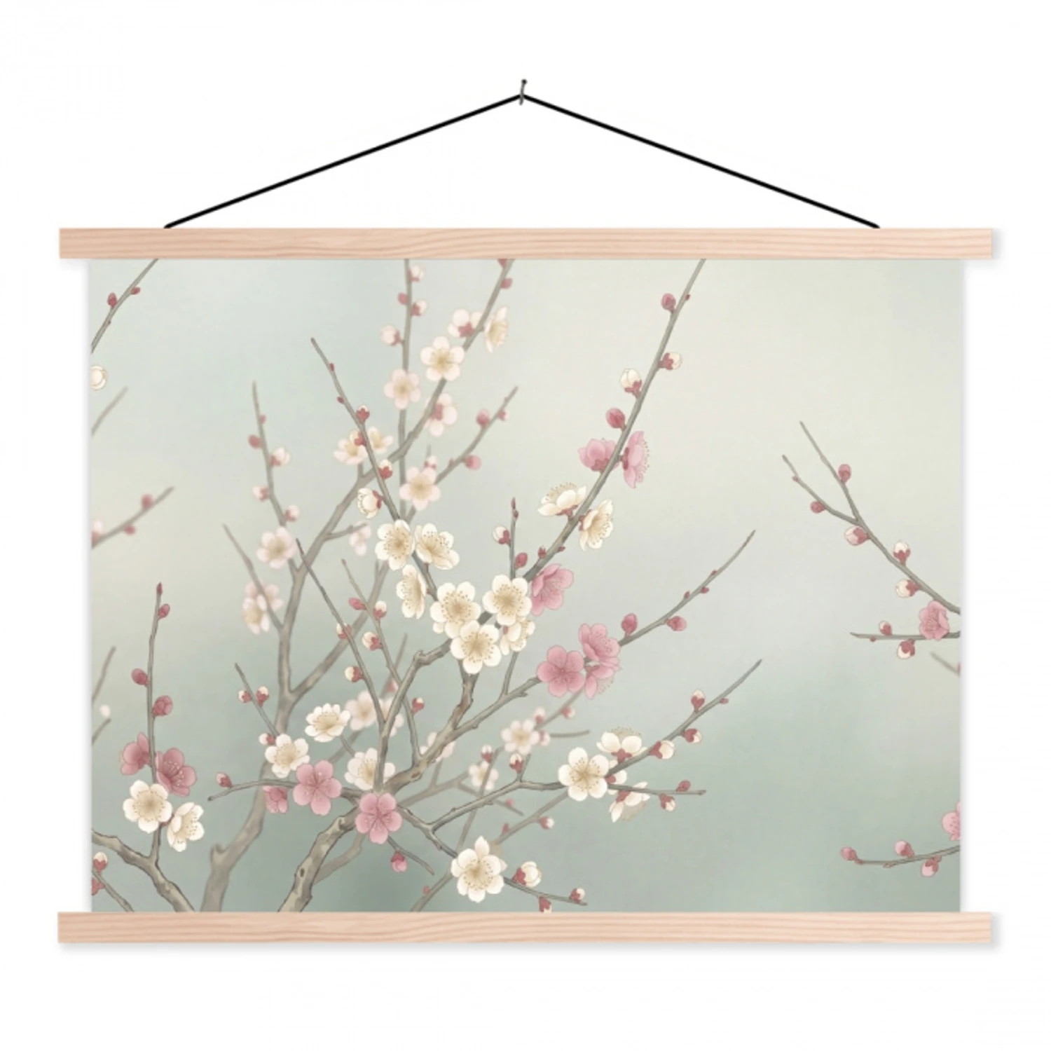 Kersen - Bloesem - Groen textielposter latten blank klein -3d