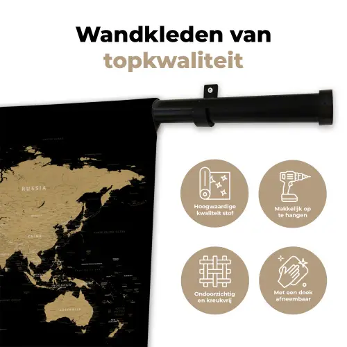 Wereldkaart - Beige - Zwart Wandkleed katoen klein -sfeer2
