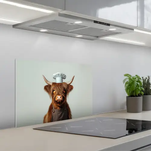 Schotse Hooglander - Bruin - Hoorns - Kokskleding keuken achterwand spatscherm klein -3d_schuin