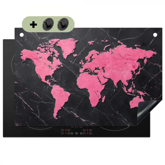 Wereldkaart - Roze - Marmer Inductie beschemer met haakjes klein -3d