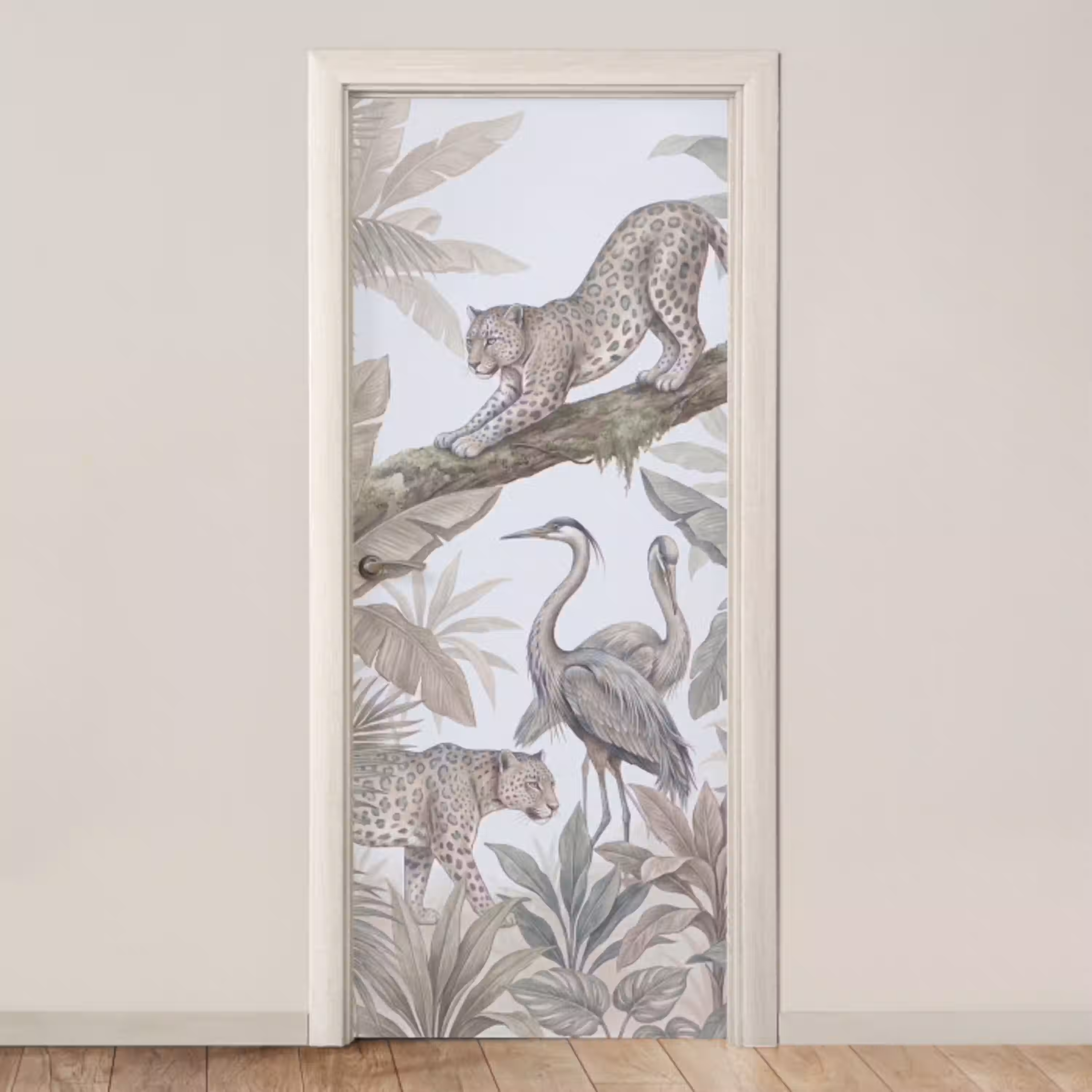 Kat - Vogel - Jungle - Illustratie - Dieren deurposter klein -3d_beige