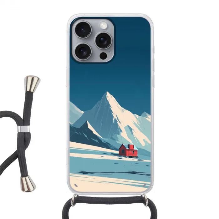 Huis - Berglandschap -  Sneeuw Hoesje iPhone 16 Pro Max met koord klein -3d
