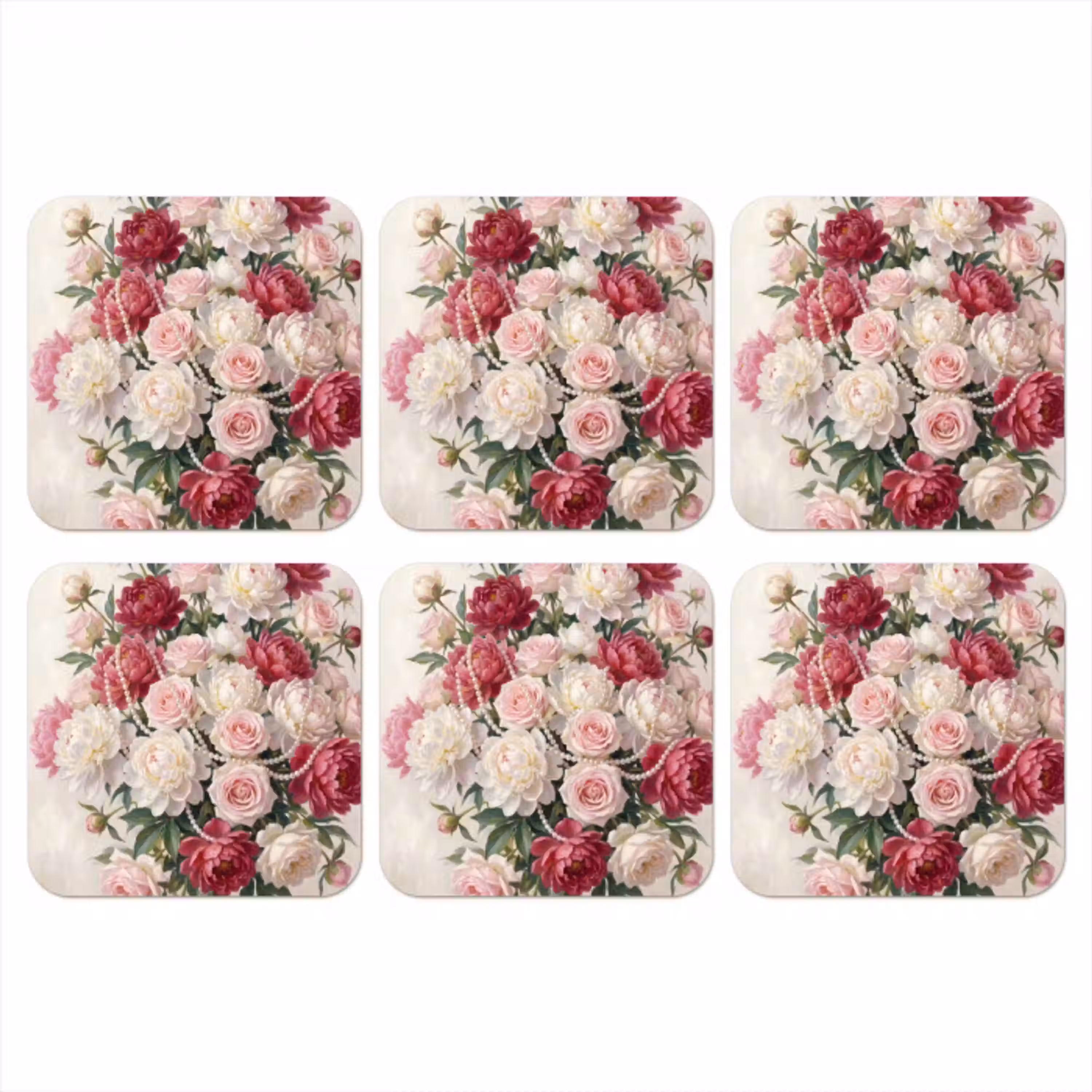 Bloemen - Parels - Romantiek - Klassiek - Roze onderzetter kurk middel -3d
