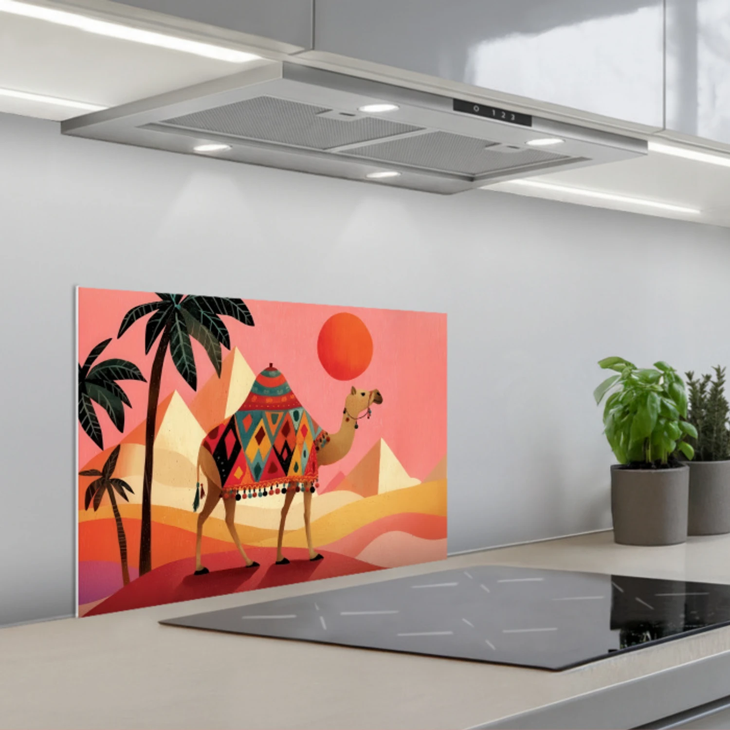 Kameel - Pyramides - Rode zon keuken achterwand spatscherm klein -3d_schuin