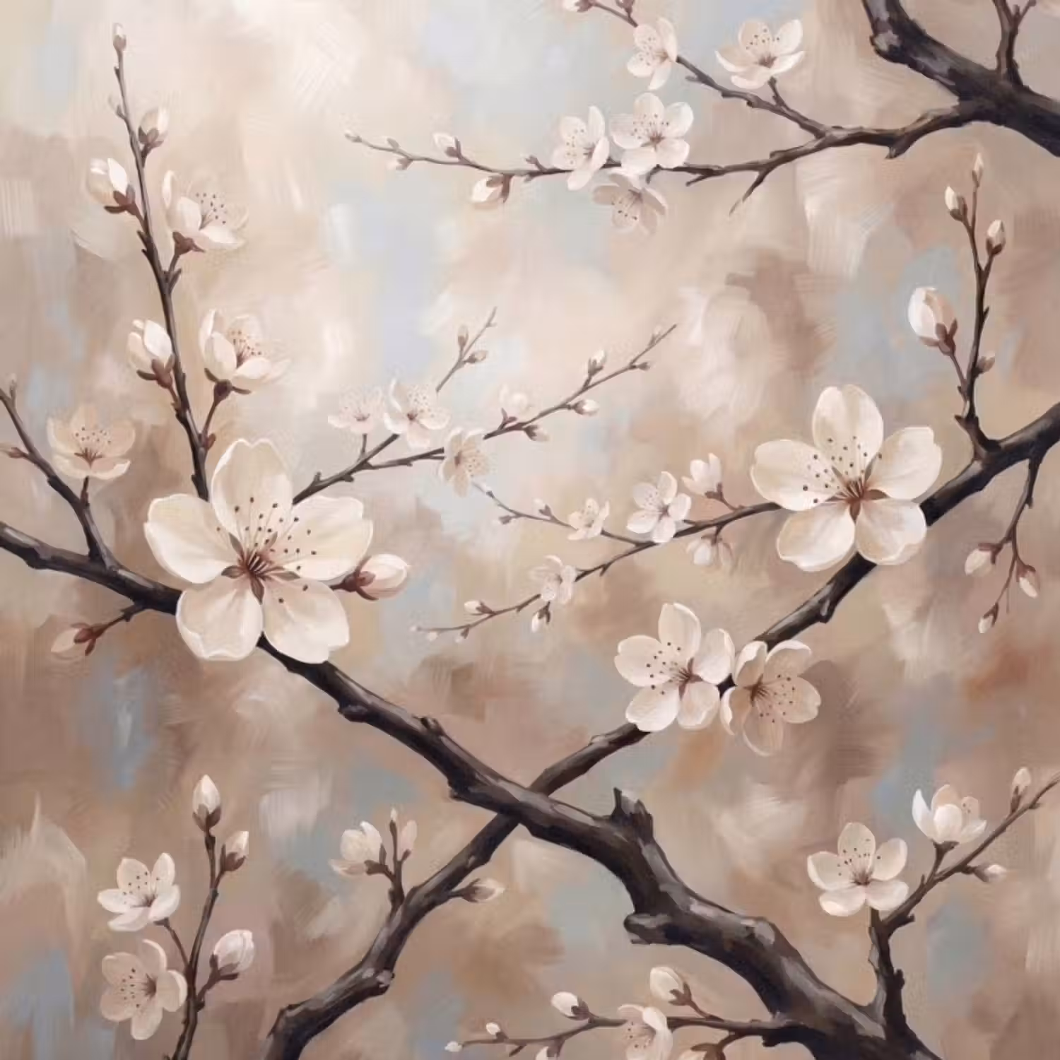 Behang - Bloesem - Takken - Schilderij - Beige - Serene