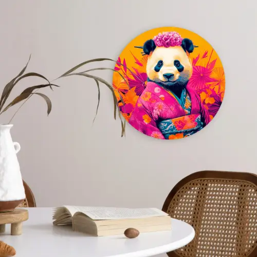 Kimono - Roze - Panda - Bloemenkroon Wandcirkel kunststof plaat 5mm dik klein -sfeer4