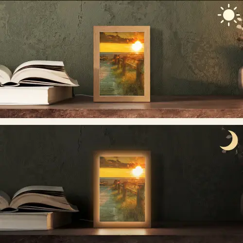 Zon - Strand - Duin - Horizon - Gras - Pad - Oranje Light Box met kabel (Tafellamp) klein -sfeer3