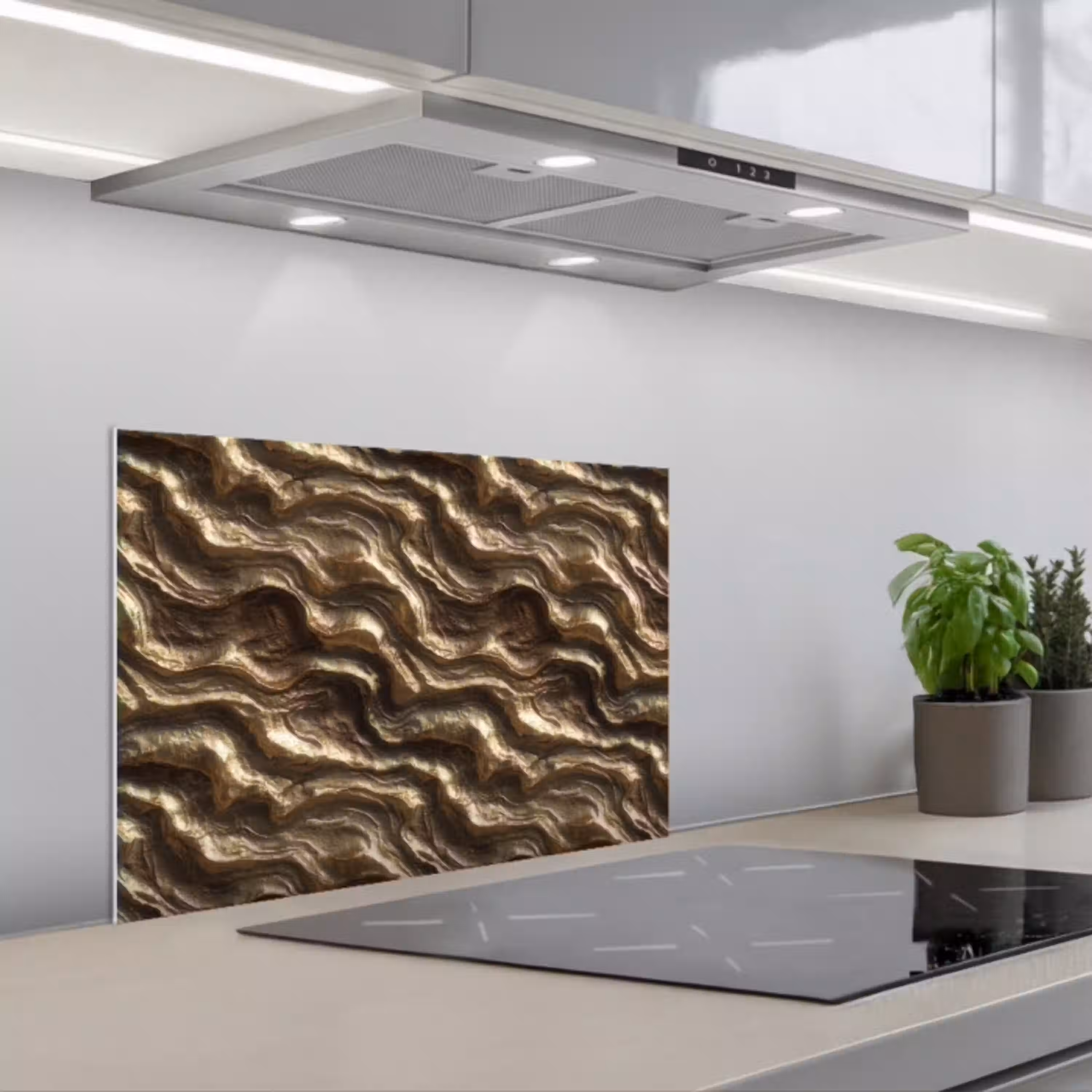 Reliëf - Golven - Abstract - Bronsgoud keuken achterwand spatscherm klein 900 -3d_schuin