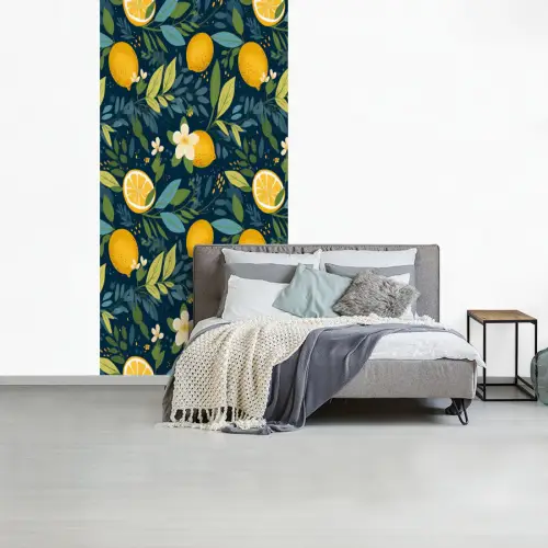 Bloemen - Bladeren - Citroenen - Blauw fotobehang vinyl groot 64 -slaapkamer