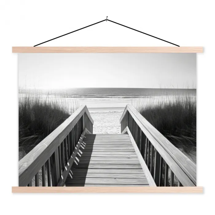 Loopbrug - Hout - Strand - Zee textielposter latten blank klein -3d