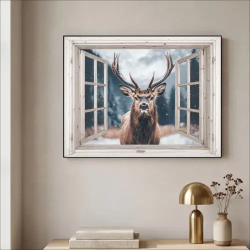 Hert - Dieren - Landschap - Winter - Sneeuw - Doorkijk - Natuur Textielframe zwart klein -sfeer2