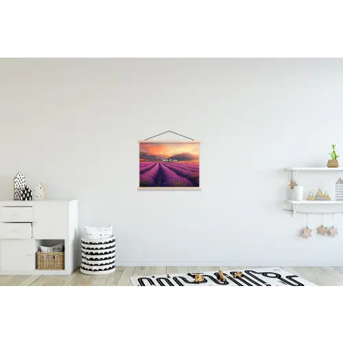 Lavendelveld - Quote - Zonsondergang textielposter latten blank klein -kinderkamer