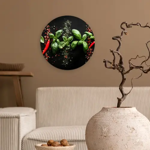 Chilipepers - Basilicum - Blaadjes - Rood Wandcirkel kunststof plaat 5mm dik klein -sfeer1