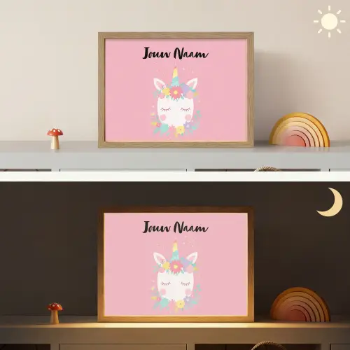 Eenhoorn - Bloemen - Roze Light Box met batterij (Wandlamp kind) middel -sfeer3_kind