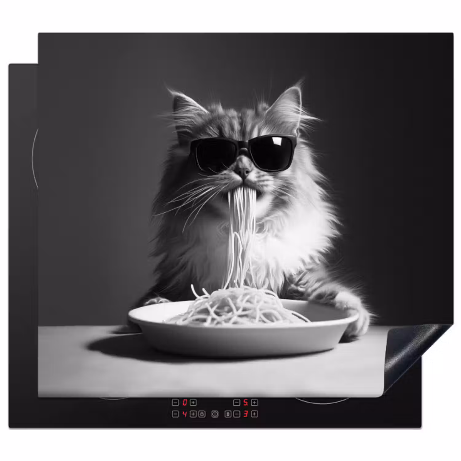 Inductie beschermer - Langharige kat - Zonnebril - Spaghetti - Humor - Zwart - wit