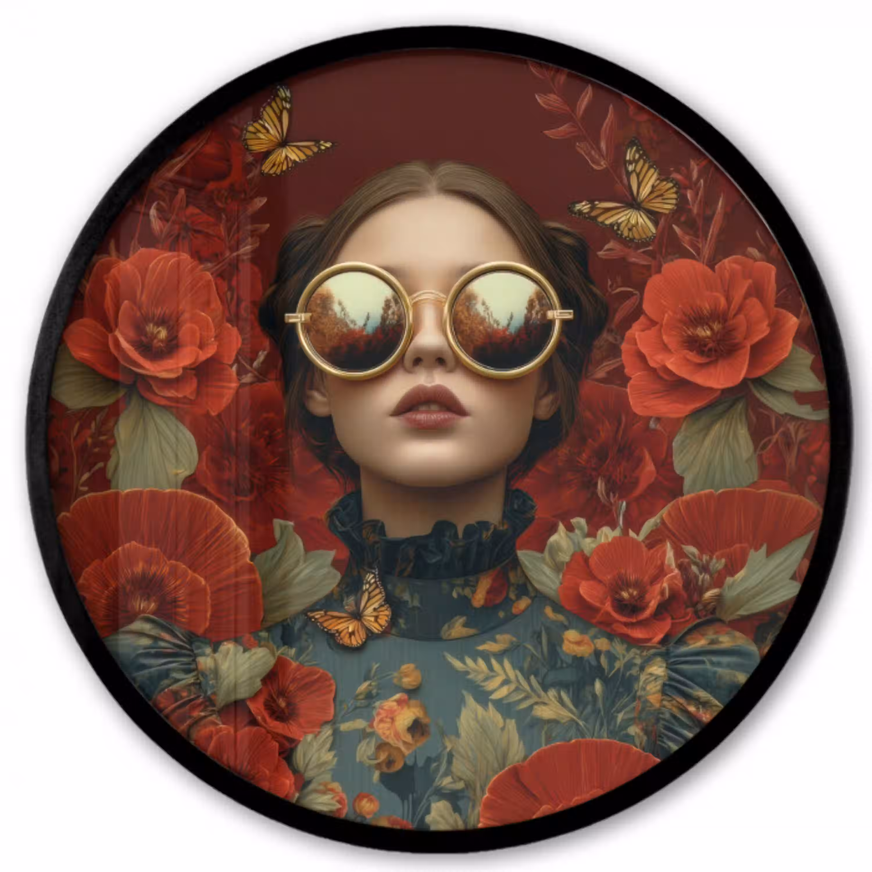 Bloemen - Dieprood - Zonnebril - Vrouw Fotolijst rond zonder passe partout klein -3d