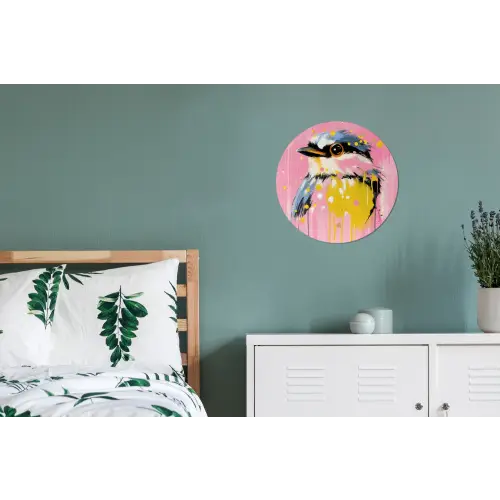 Vogel - Roze - Geel - Blauw Wandcirkel aluminium klein -slaapkamer