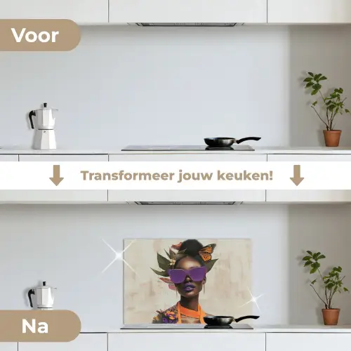 Vrouw - Zonnebril - Vlinder - Bloemen keuken achterwand spatscherm klein -voor_na_NL