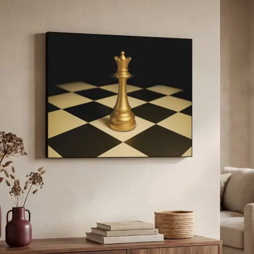Koningin - Schaakstuk - Geblokt - Goud Textielframe - compleet frame klein -sfeer3