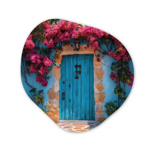 Deur - Hout - Bloemen - Blauw Wandcirkel Organisch Forex 3mm klein -3d