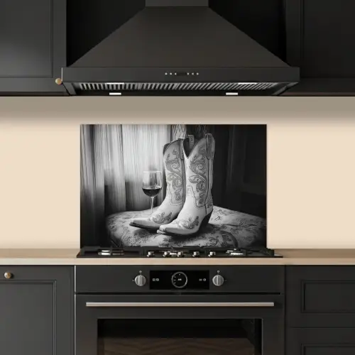 Wijn - Cowboylaarzen - Raamlicht - Wit keuken achterwand spatscherm klein -sfeer1